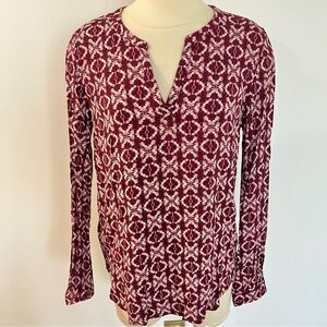 Eddie Bauer Red Geometric V-Neck Long Sleeve Tunic Top Size Medium Tall